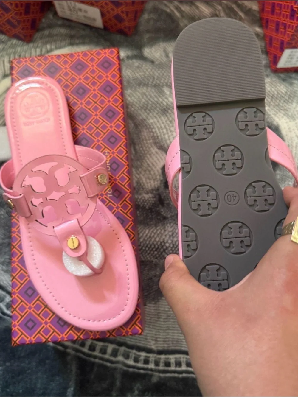 Tory Burch Pink Logo Toe-Post Sandals